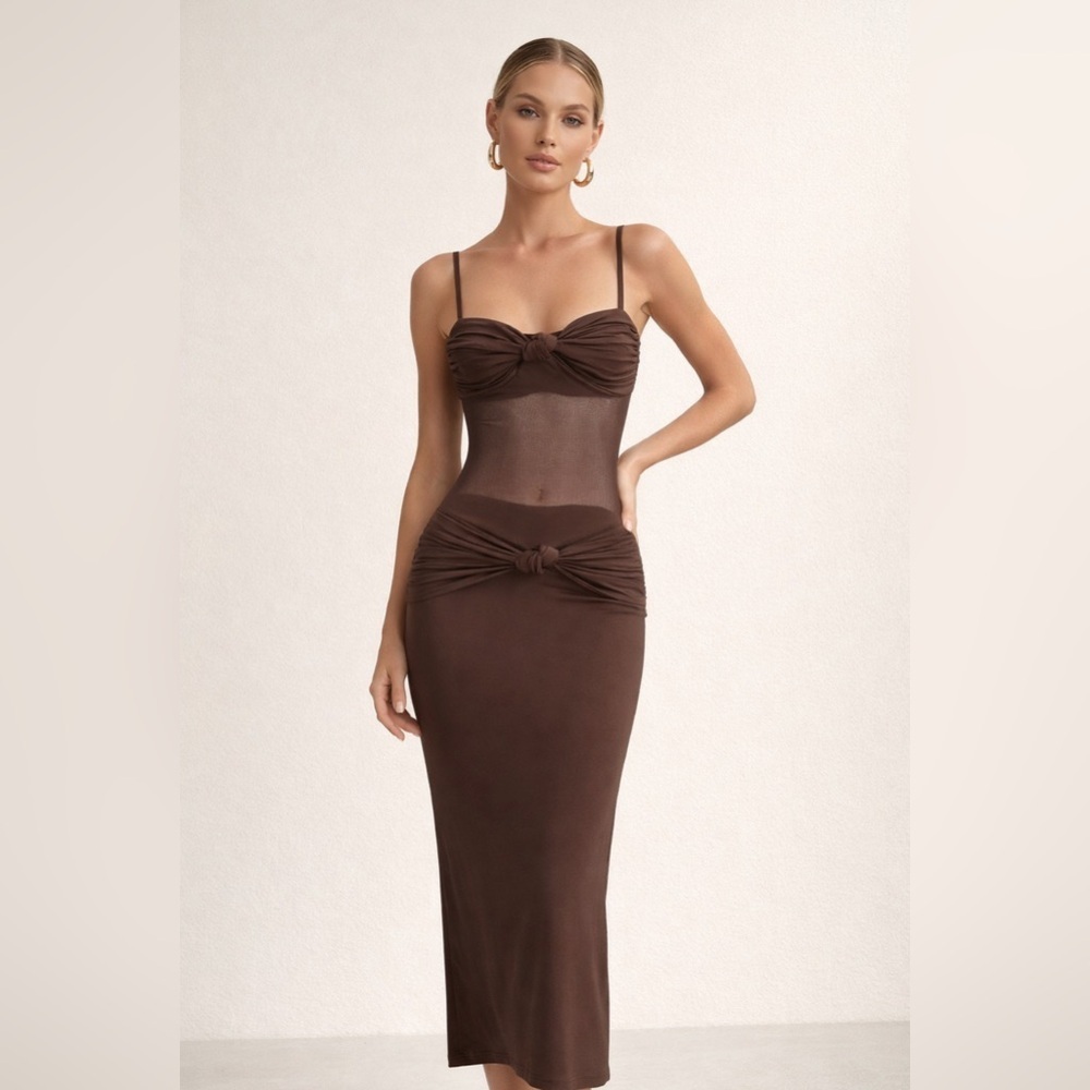 Commense Chocolate Brown Twist-Front Midi Dress.   Size-Large Soft Sexy
